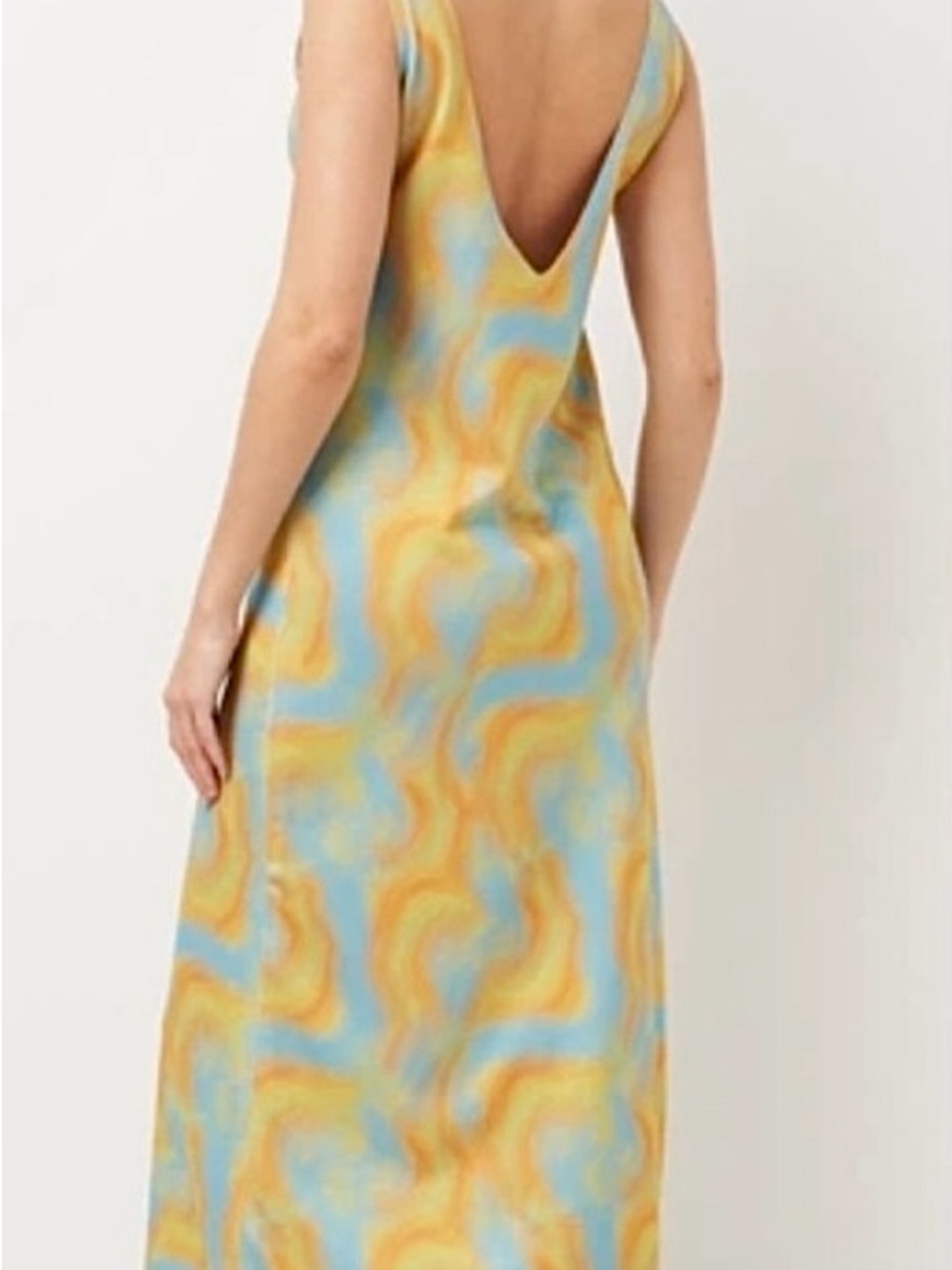 Zara Sleeveless V-Back Swirl-Print Maxi Dress in Yellow & Light Blue S